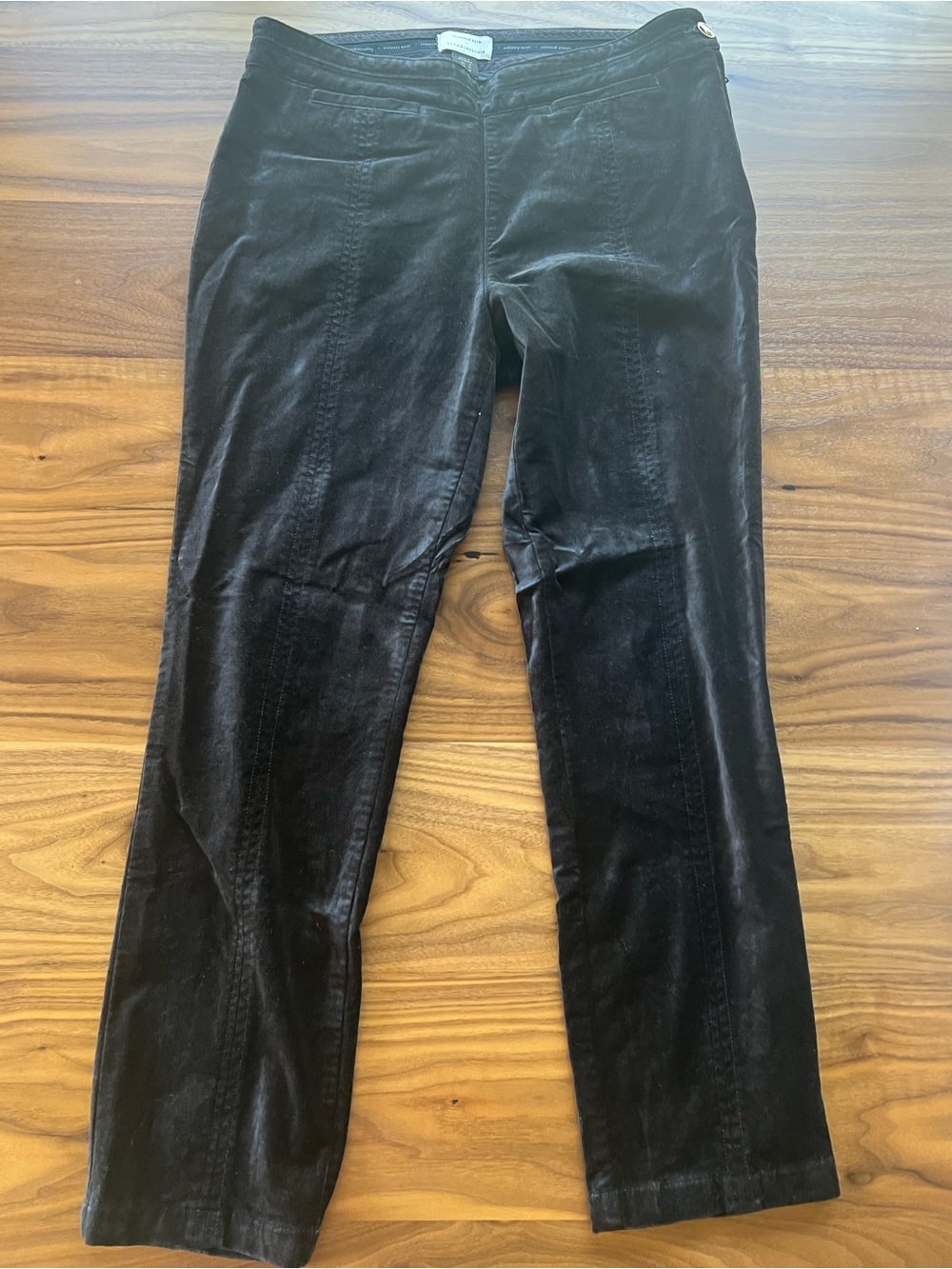 Anthropologie Black Velvet Pants with Pink Topstitching